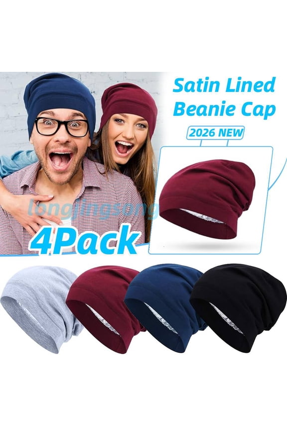 4 Pieces Satin Lined Beanie Cap Satin Sleep Lined Hat Slouchy Beanie Hat Night Silk Hair Cap Sleep Cap Fashion Accessoriesfor Women Men