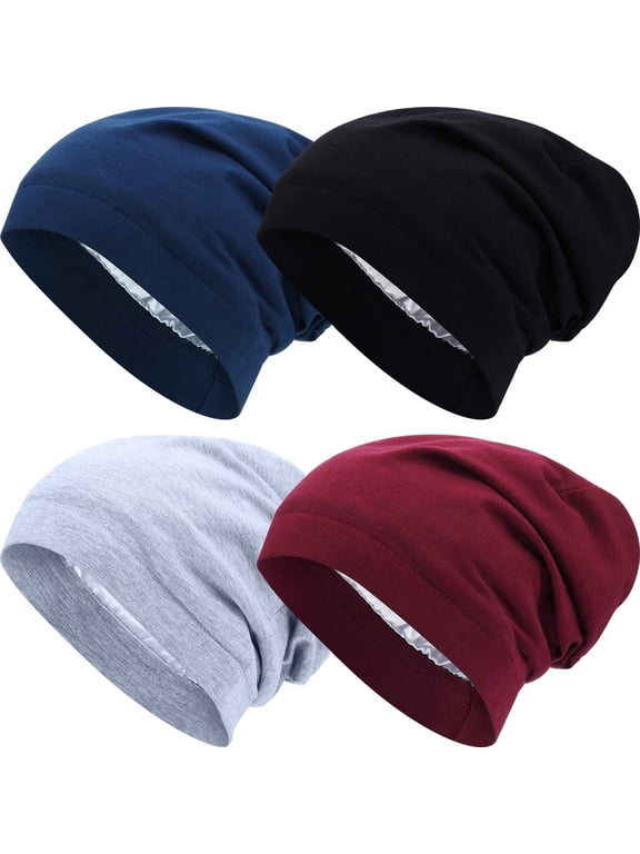 4 Pieces Satin Lined Beanie Cap Satin Sleep Lined Hat Slouchy Beanie Hat Night Silk Hair Cap for Women Men