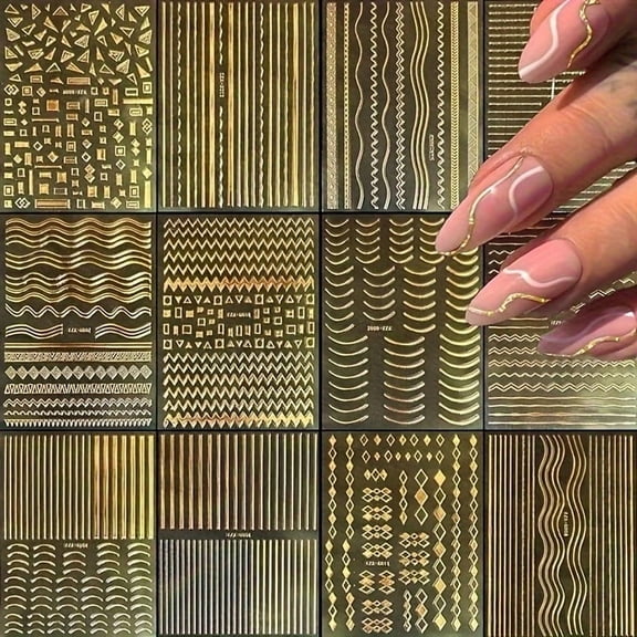 4 Pieces Self-Adhesive 3D Glitter Gold Thread French Manicure Nail Decals - Elegant Geometric Nail Art Stickers for Effortless Home Application