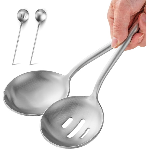 4 Pieces Serving Spoons Set 10.3-Inch Large Serving Spoon Including 2 Serving Spoon and 2 Slotted Spoon Stainless Steel Flatware Serving Set for Buffet Banquet or Gift Matte Silver