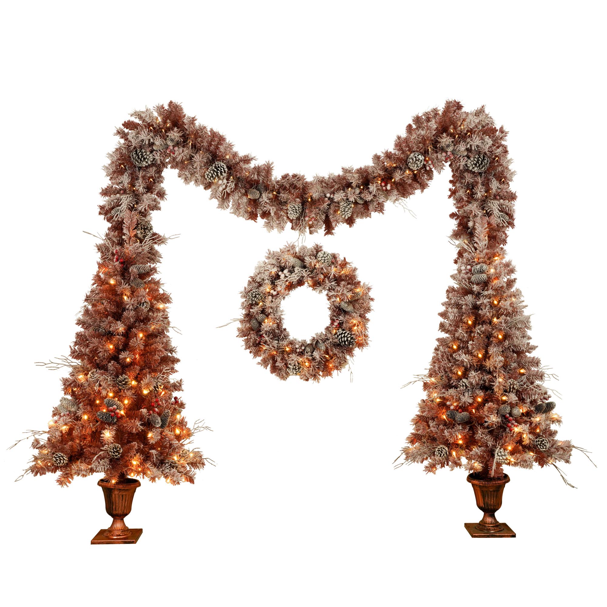 4Pieces Set Artificial Christmas Tree, Brown Needles with flocking, with Warm Lights, pine