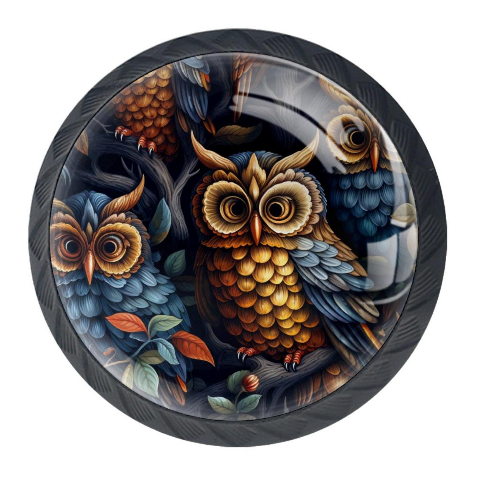 4 Pieces Set Hardware Round Furniture Knobs Owl Flowers Art