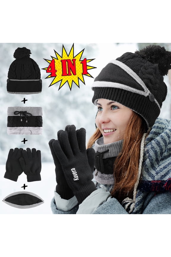 4 Pieces/Set of Fashionable Women's Winter Knitted Hat & Touchscreen Gloves, Thickened Fleece hat with Warm face mask and Neck Scarf