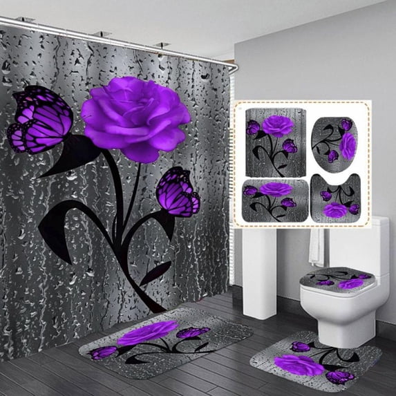 4 Pieces Shower Curtain Set with Rugs,Romantic 3D Red Rose Shower Curtain for Bathroom Sets with Shower Curtain and Rug Purple Red Toilet Sets for Lovers Valentine's Day