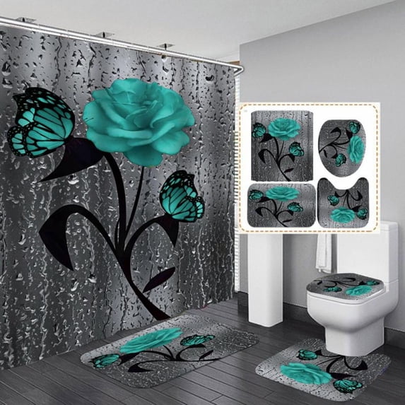 4 Pieces Shower Curtain Set with Rugs,Romantic 3D Red Rose Shower Curtain for Bathroom Sets with Shower Curtain and Rug Purple Red Toilet Sets for Lovers Valentine's Day