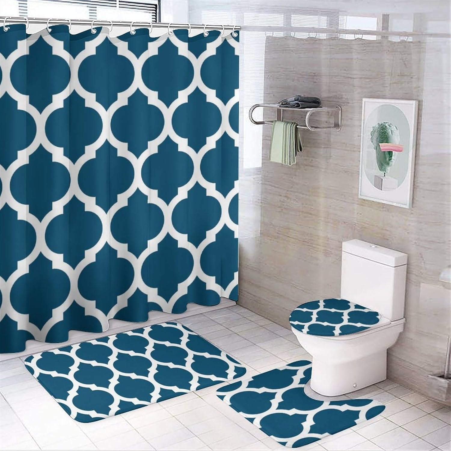 4 Pieces Shower Curtain Sets, Moroccan Quatrefoil Tiles Pattern