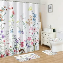 4 Pieces Shower Curtain Sets with Non-Slip Rugs, Toilet Lid Cover and Bath Mat, 72”x72” Spring Floral Fabric Shower Curtains, Durable Waterproof Bathroom Curtains Shower Set with Hooks