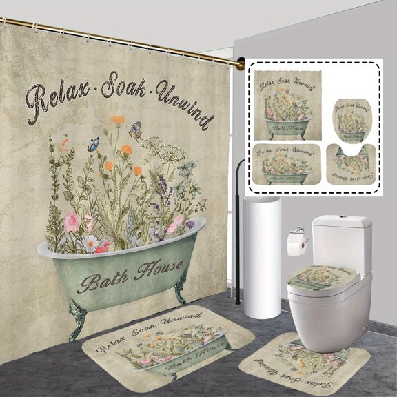 4 Pieces Shower Curtain with 12 Hooks, Durable Non-Slip Bathroom Mat, Comfortable Toilet U-Shaped Mat, Toilet Lid Mat, Bathroom Decoration