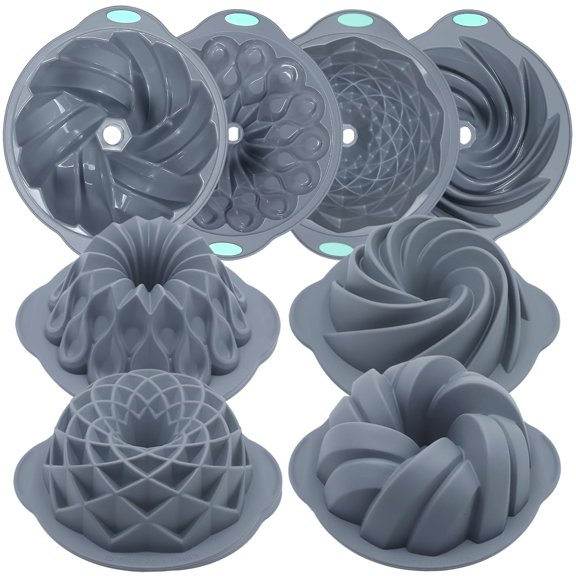 4 Pieces Silicone Fluted Cake Pans  6/7/8 Cups Tube Baking Pan Non-stick Kitchen Oven Molds For Homemade Bread And Jello Grey