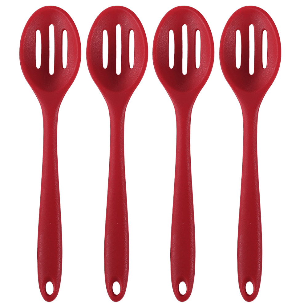 Set of 4 Red Heat Resistant Silicone Slotted Mixing Spoons