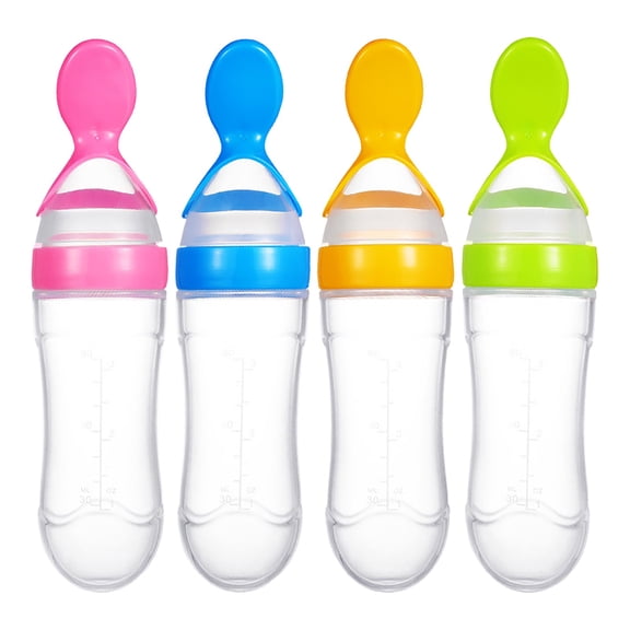 4 Pieces Silicone Spoon Feeder,Silicone Feeding Spoon With Suction Cup,One Handed Squeezing,Elegant Feeding,Feeding Bottle Spoon for Dispensing and Feeding,4 Colors(7.87x1.96")(Sky Blue)