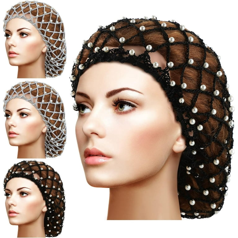 4 Pieces Snoods for Women Hair Net Pearl Crochet Mesh