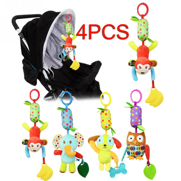 4 Pieces Soft Baby Hanging Rattle Toy - Baby Toys for 0 3 6 9 to 1 Animal  Ring Plush Baby Stroller Car Bed Crib Travel Activities Hanging Wind Chime  with Teether for boys and girls 
