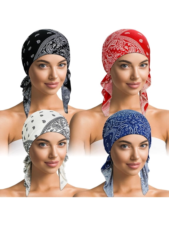 4 Pieces Soft Cotton Chemo Headwear for Women, Stretch Pre-Tied Chemo Head Scarves for Cancer