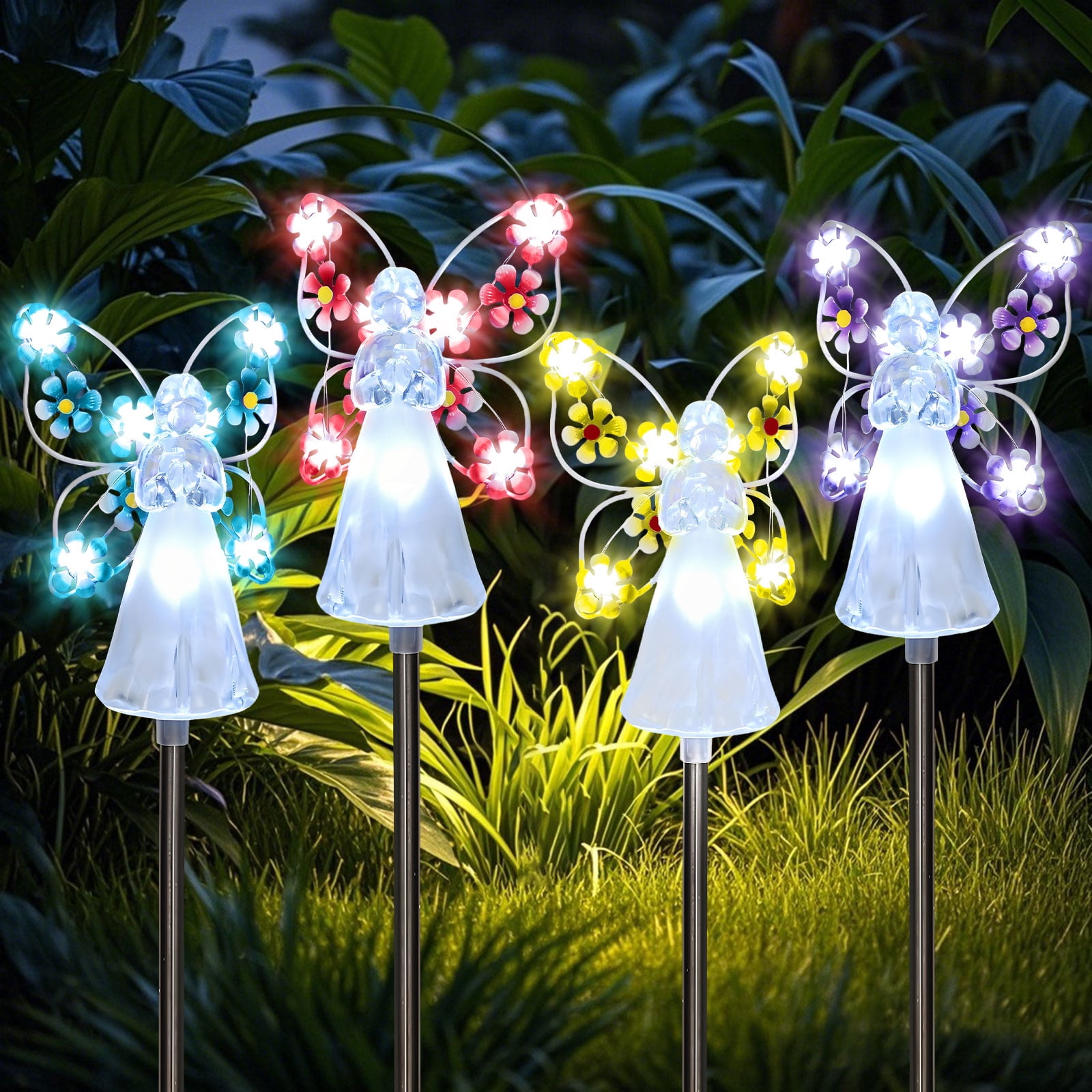 Rirool Solar Angel Stake Lights - 4 Pack Multicolor LED Garden Decor, Cemetery Memorial Lights for Graves - Waterproof Outdoor Solar Lights for Yard, Pathway