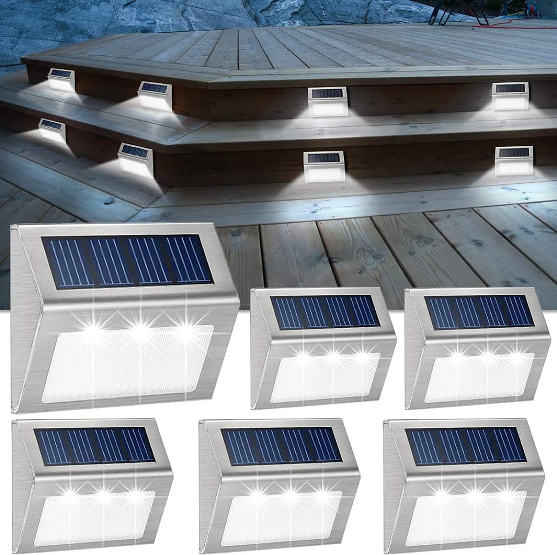 4 Pieces Solar Garden Lights Outdoor, Epicgadget Auto On/Off Solar Powered LED Fence Deck Lights Waterproof Stainless Steel Step Stairs LED Lamp Lighting for Patio Yard Garden Pathway Walkway Decor
