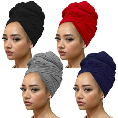 Airvexalon 4-Pack Solid Color Knit Turbans for Black Women, Black, Red, Navy blue, Grey