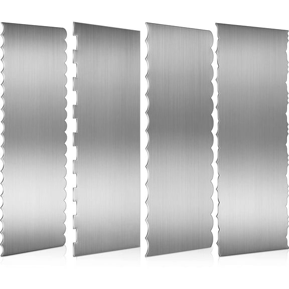 4 Pieces Stainless Steel Cake Scraper Smoother Large Double Sided Patterned Edge Stripe 9 Inch Metal Cake Decorating Comb for Icing Mousse Butter Cream Decoration, 4 Styles