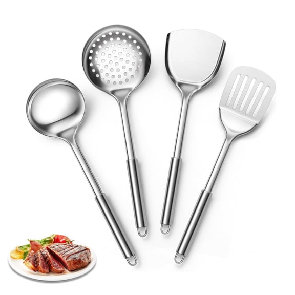 4 Pieces Stainless Steel Cooking Utensils, Heat Resistant Kitchen Utensils Spatulas, Soup Ladle, Slotted/Solid Turner, Skimmer, Dishwasher Safe