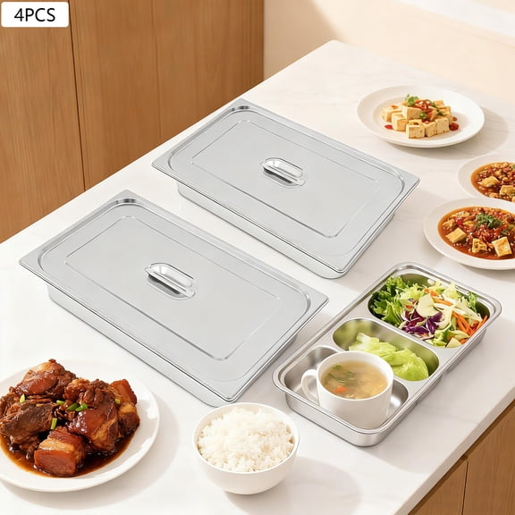 4 Pieces Stainless Steel Steam Table Pan 7.5L/ 1.98 Gal Capacity Steam Table Pan with Lids Stackable Food Storage Pan