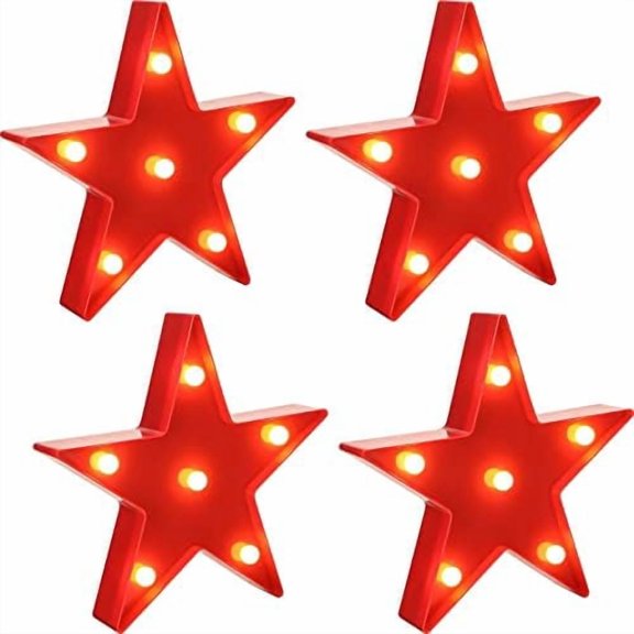 4 Pieces Star Night Lights LED Plastic Star Shaped Sign Lighted Marquee Desk Lamp for Gift Red