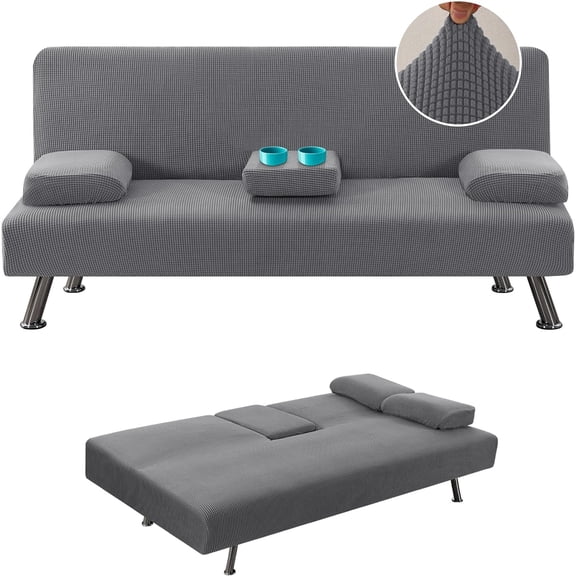 4 Pieces Stretch Futon Covers Sofa Bed Slipcover with Removable Armrests and Cupholders Covers Furniture Protector High Spandex Small Checks Jacquard Fabric, Grey