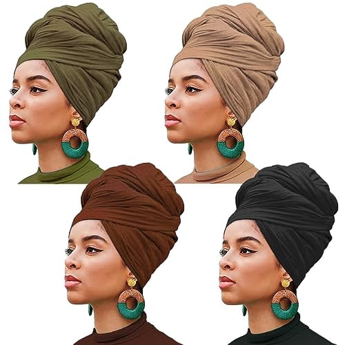 4 Pieces Stretch Head Wrap Jersey Turban Fashion Headband Solid Color Long Hair Scarf African headwraps Bohemian Soft Breathable Turbans for Women (Black,Coffee,Army Green,Camel)