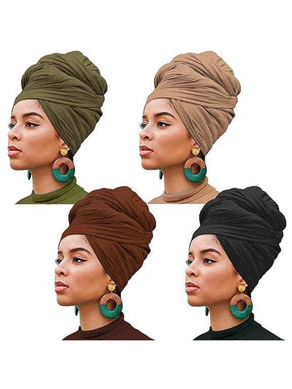 4 Pieces Stretch Head Wrap Jersey Turban Fashion Headband Solid Color Long Hair Scarf African headwraps Bohemian Soft Breathable Turbans for Women (Black,Coffee,Army Green,Camel)