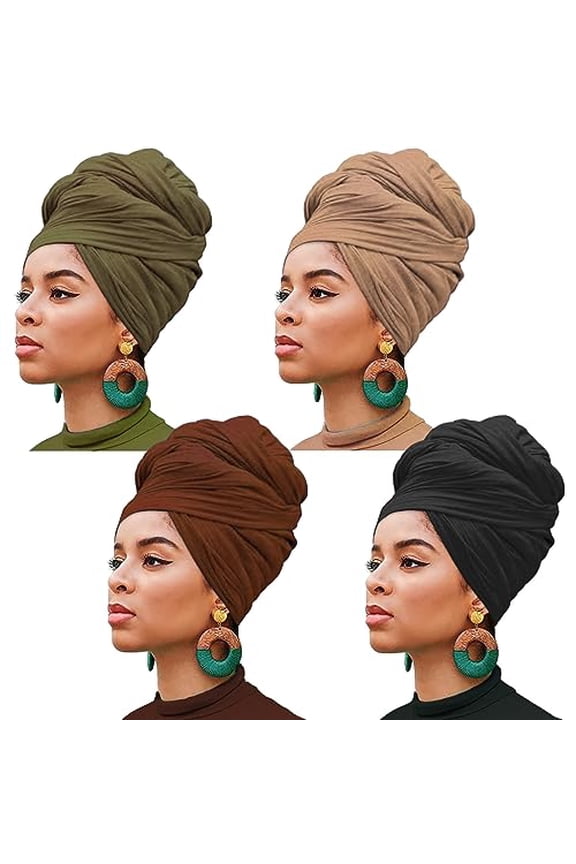4 Pieces Stretch Head Wrap Jersey Turban Fashion Headband Solid Color Long Hair Scarf African headwraps Bohemian Soft Breathable Turbans for Women (Black,Coffee,Army Green,Camel)