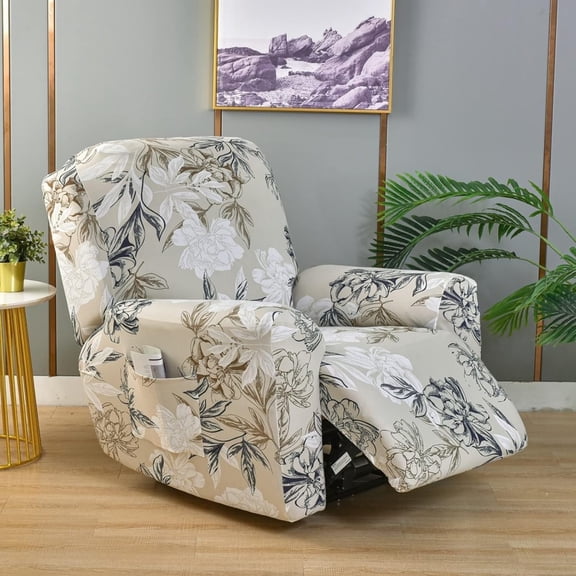 4 Pieces Stretch Recliner Chair Cover, Printed Oversize Recliner Slipcovers Anti Slip Armchair Reclining Furniture Protector with Pocket-M||Recliner