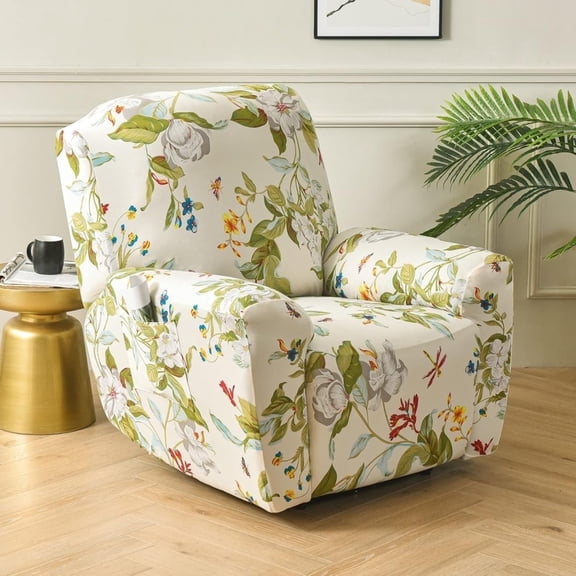 4 Pieces Stretch Recliner Chair Cover, Printed Oversize Recliner Slipcovers Anti Slip Armchair Reclining Furniture Protector with Pocket-M||Recliner
