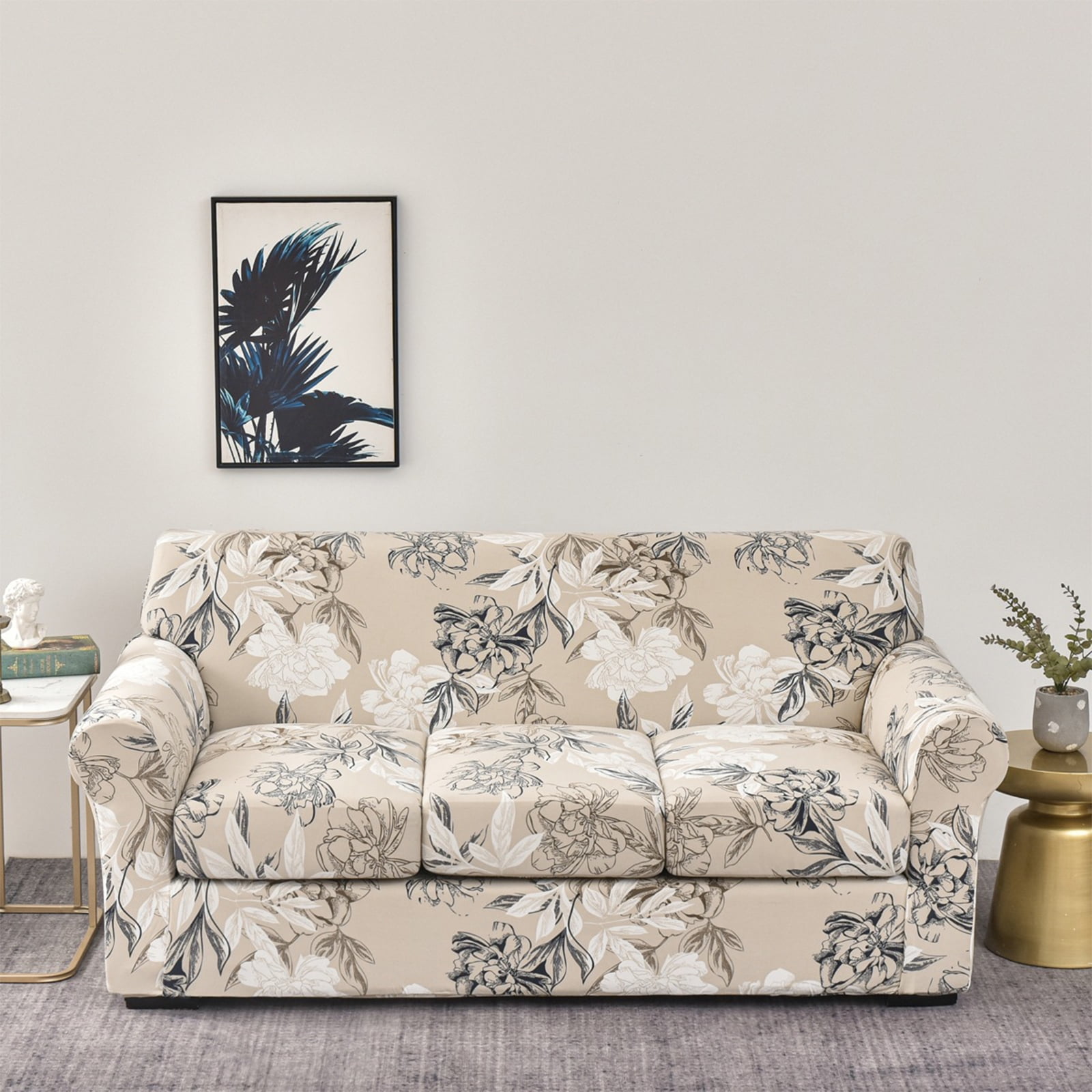 4 Pieces Stretch Sofa Cover 3 Seater Couch Cover Printed Sofa Slipcover with 3 Separate Cushion Covers Washable Sofa Slip Covers for Living Room Home with Pets and Kids BrioTek