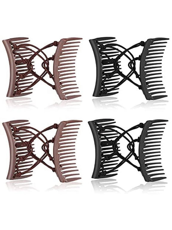 4 Pieces Stretchy Double Comb Hair Clip Adjustable Elastic Hair Comb No Crease Hair Pins Hair Accessories for Women Curly Thick Wavy Hair Ponytail (Black, Coffee)