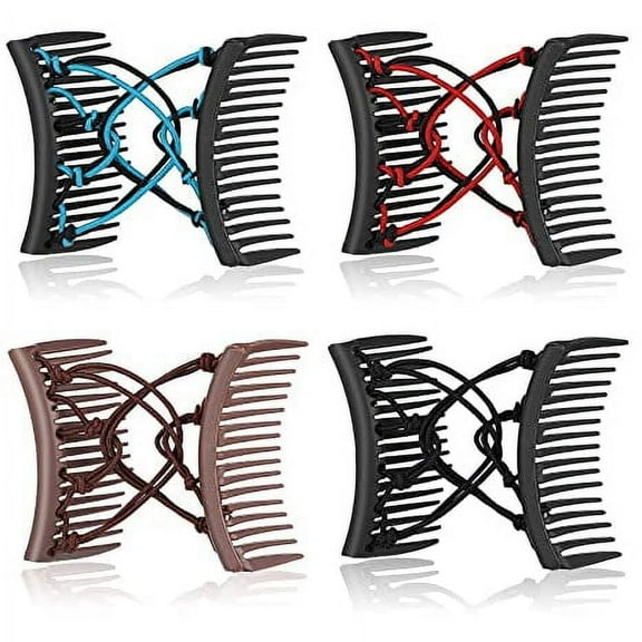 4 Pieces Stretchy Double Comb Hair Clip Adjustable Elastic Hair Comb No Crease Hair Pins Hair Accessories for Women Curly Thick Wavy Hair Ponytail (Mixed Colors)