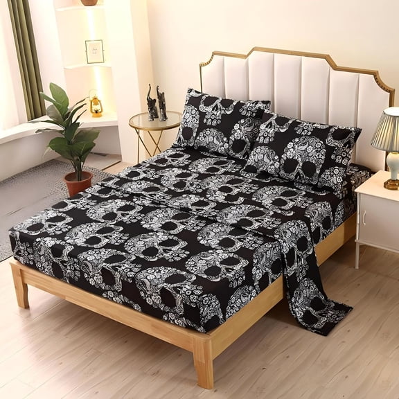 4 Pieces Sugar Skull Queen Sheets Set, Soft Microfiber Gothic Sheets Queen Size Skeleton Printed, Goth Bedding Sheet Set Deep Pocket All Season