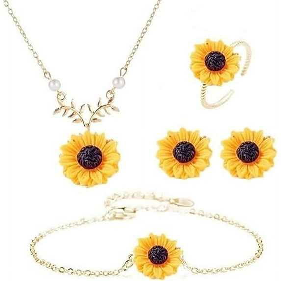 4 Pieces Sunflower Pendant Faux Pearl Chain Necklace Boho Sunflower Charm Bracelet Earrings Ring set for Women Jewelry Accessories