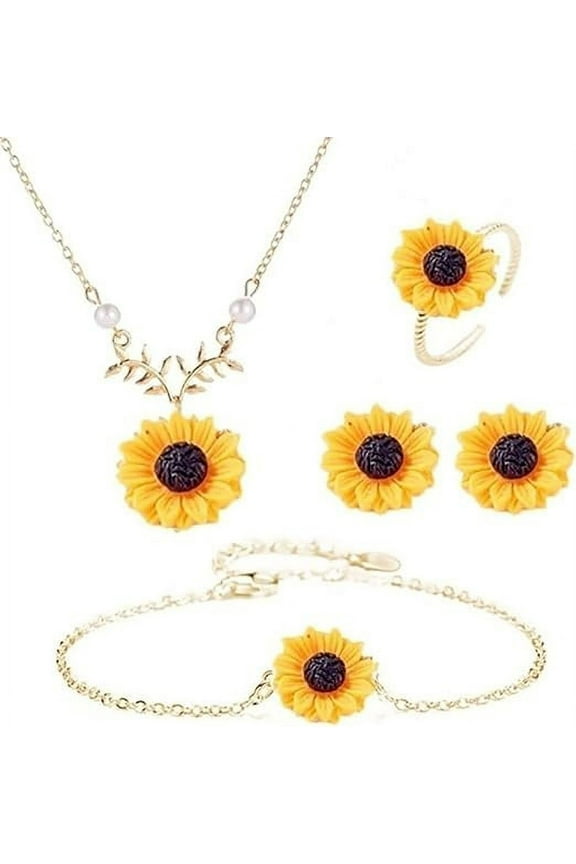 4 Pieces Sunflower Pendant Faux Pearl Chain Necklace Boho Sunflower Charm Bracelet Earrings Ring set for Women Jewelry Accessories