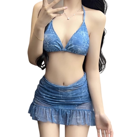 4 Pieces Swimsuit for Women Halters Swimming Suit Long Sleeves Swimwear with Cover Up & Beach Skirt Bathing Suit