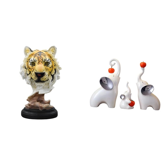 4 Pieces Tabletop Sculpture Tiger Head Figurine Elephant Statue Resin Ceramic Modern Home Dcor for Living Room Office