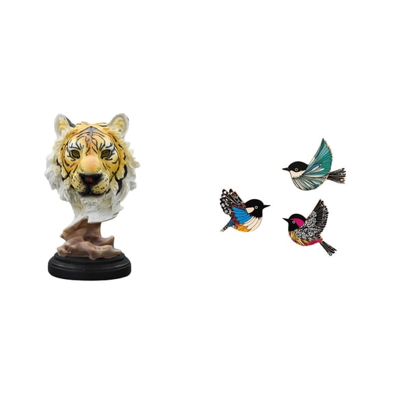 4 Pieces Tabletop Sculpture Tiger Head Figurine Wooden Bird Wall Art Resin Material for Living Room Entryway Study