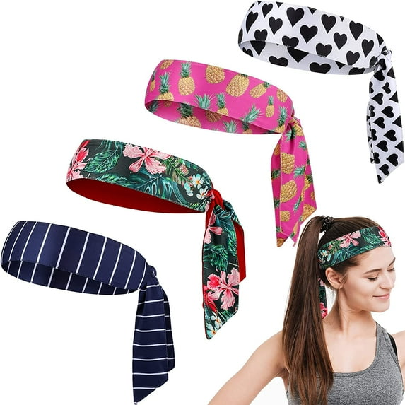 4 Pieces Tie Back Headband African Print Head Tie Sweat Wicking Head Tie Adjustable Sweat Headband Moisture Wicking Sport Headband for Tennis Basketball Volleyball Jogging Yoga