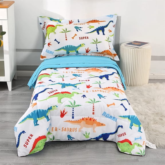4 Pieces Toddler Bedding Sets for Boys Blue Toddler Bed Sheets Sets Kids Dino Toddler Comforter Set Soft Breathable with Quilted Comforter Flat Sheet Fitted Sheet and Pillowcase Dinosaur