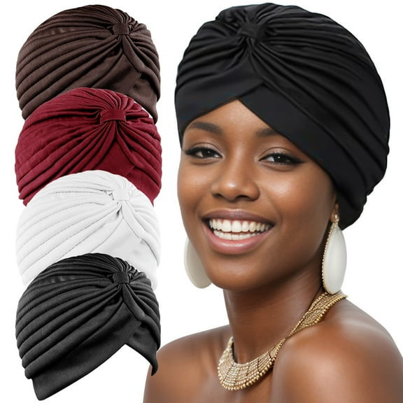 4 Pieces Turban Hat Cap, Vintage Polyester Pleated Head Wrap Headband Cross Twist Hair Wrap Chemo Headwear Red coffee color, Black , White, Wine red