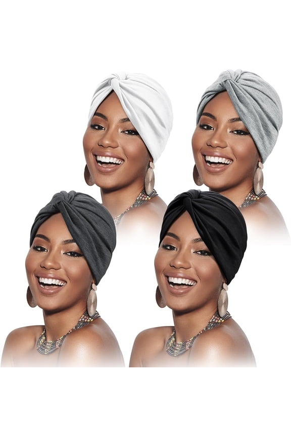 4 Pieces Turbans for Women Soft Pre Tied Knot Fashion Pleated Cancer Turban Cap Chemo Headwrap Sleep Hat, 4 Colors