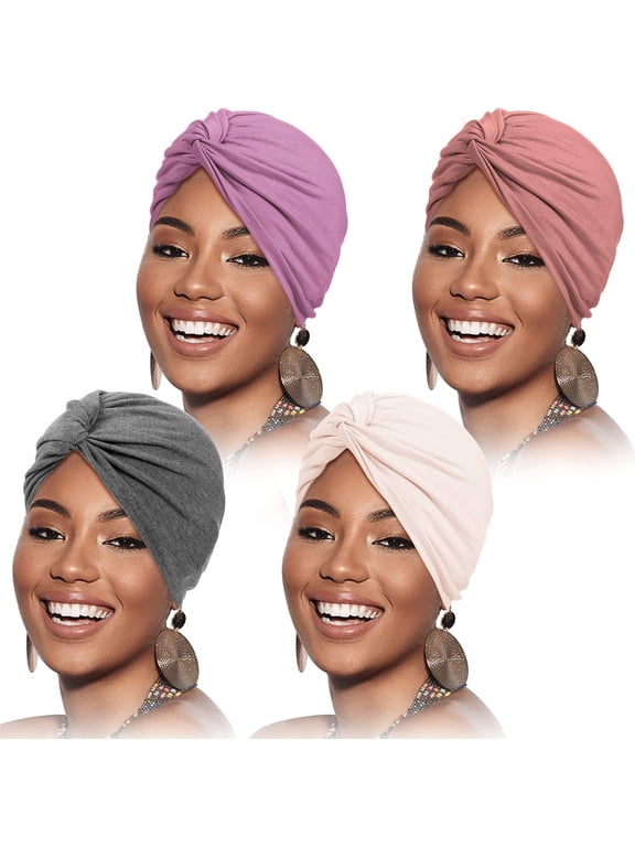 4 Pieces Turbans for Women Soft Pre Tied Knot Fashion Pleated Cancer Turban Cap Chemo Headwrap Sleep Hat, 4 Colors