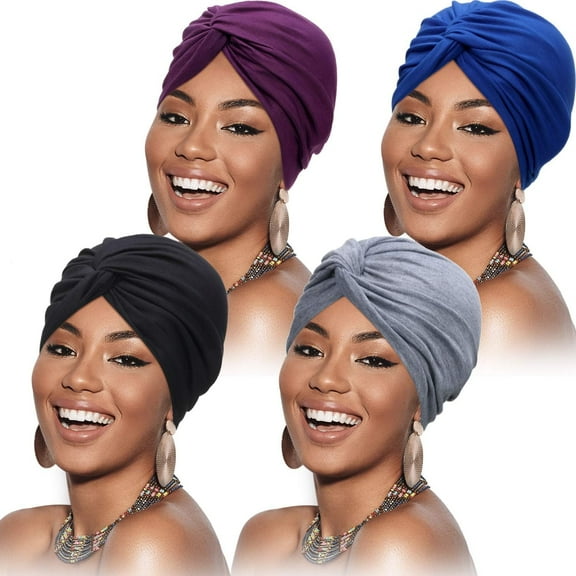 4 Pieces Turbans for Women Soft Pre Tied Knot Fashion Pleated Cancer Turban Cap Chemo Headwrap Sleep Hat, 4 Colors