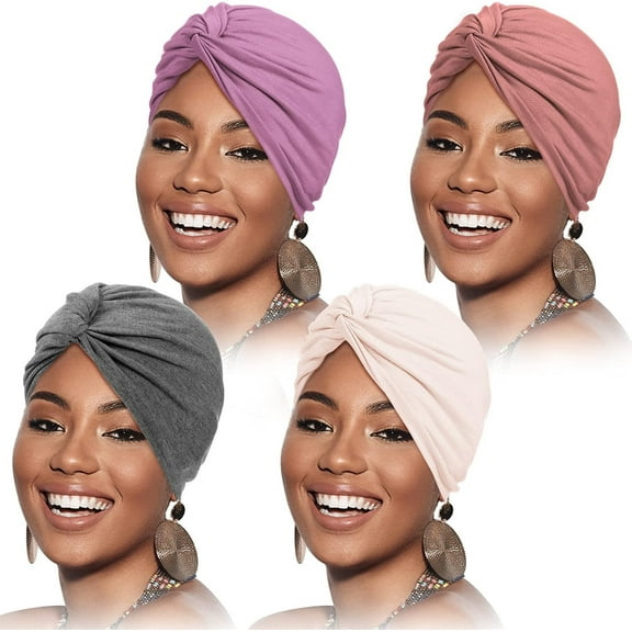 4 Pieces Turbans for Women Soft Pre Tied Knot Fashion Pleated Cancer Turban Cap Chemo Headwrap Sleep Hat, 4 Colors