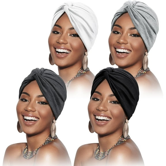 4 Pieces Turbans for Women Soft Pre Tied Knot Fashion Pleated Cancer Turban Cap Chemo Headwrap Sleep Hat, 4 Colors