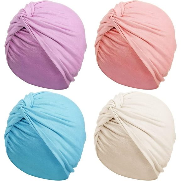 4 Pieces Turbans for Women Soft Pre Tied Knot Fashion Pleated Cancer Turban Cap Chemo Headwrap Sleep Hat, 4 Colors