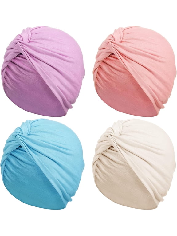4 Pieces Turbans for Women Soft Pre Tied Knot Fashion Pleated Cancer Turban Cap Chemo Headwrap Sleep Hat, 4 Colors